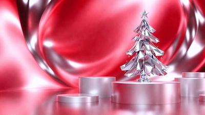 The primary subject of the image is a silver Christmas tree. The tree is placed on a pink surface, which adds a festive touch to the scene. The setting appears to be a studio or a well-lit indoor space, as the tree is the main focus of the image. The visual style is a combination of digital art and illustration, creating a modern and elegant appearance. The colors and mood of the image are predominantly pink and silver, giving the scene a warm and celebratory atmosphere.